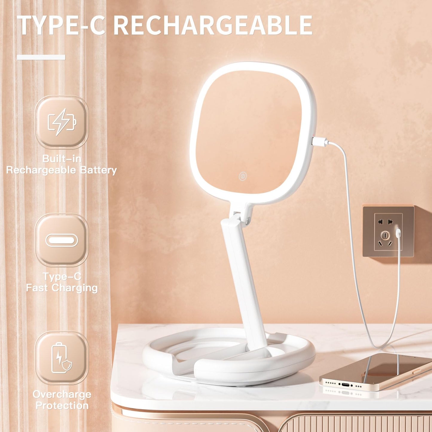 Beautifive 6.3” Makeup Mirror with Light and Magnification, 10X/1X Light Up Makeup Mirror Lighted Make Up Mirror with Adjustable Height Double Sides