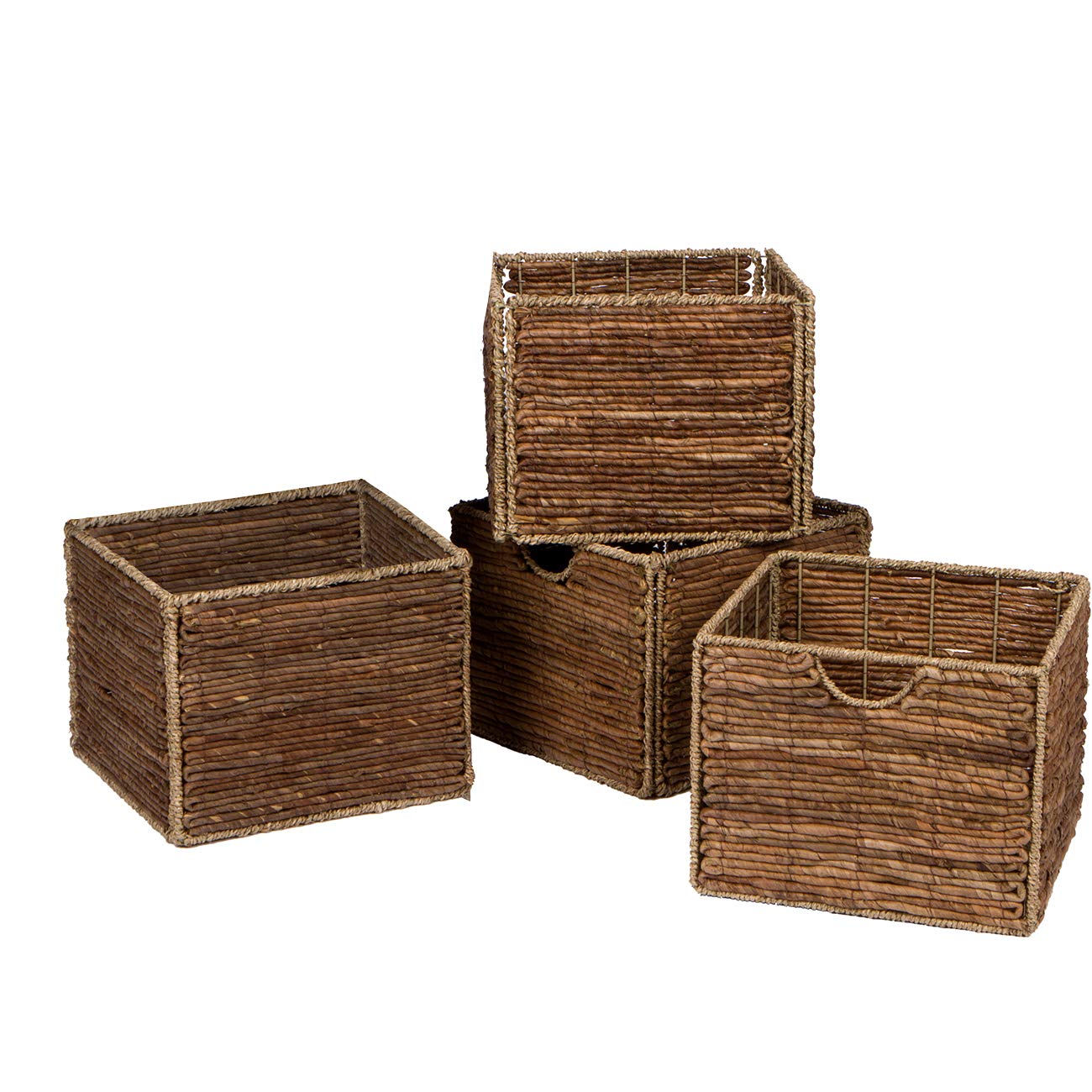 Trademark Innovations 12.7" Foldable Seagrass and Banana Leaf Storage Basket with Iron Wire Frame (Set of 4)