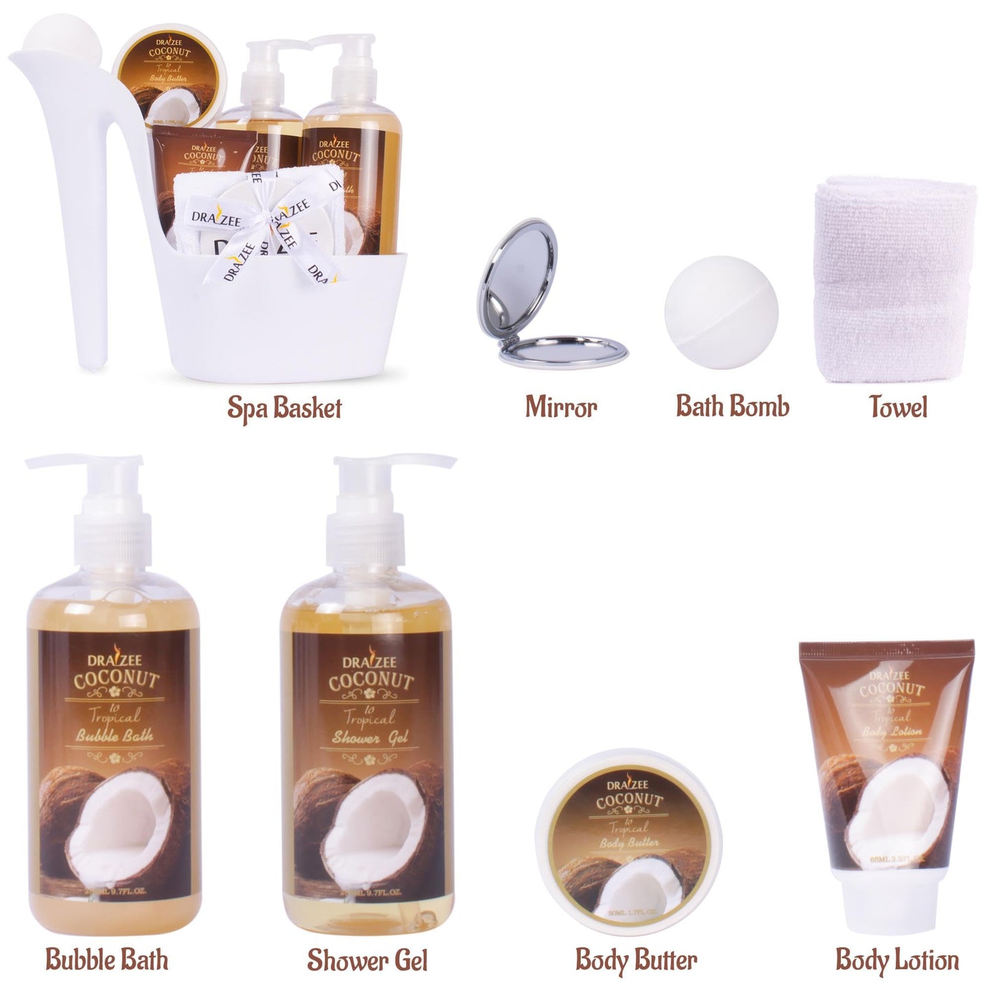 Gift Set for Her - 8 Pcs Luxury Coconut Scented Heel Shoe Bath and Body Spa Basket - Shower Gel, Bubble Bath, Body Butter, Lotion & More - Gift