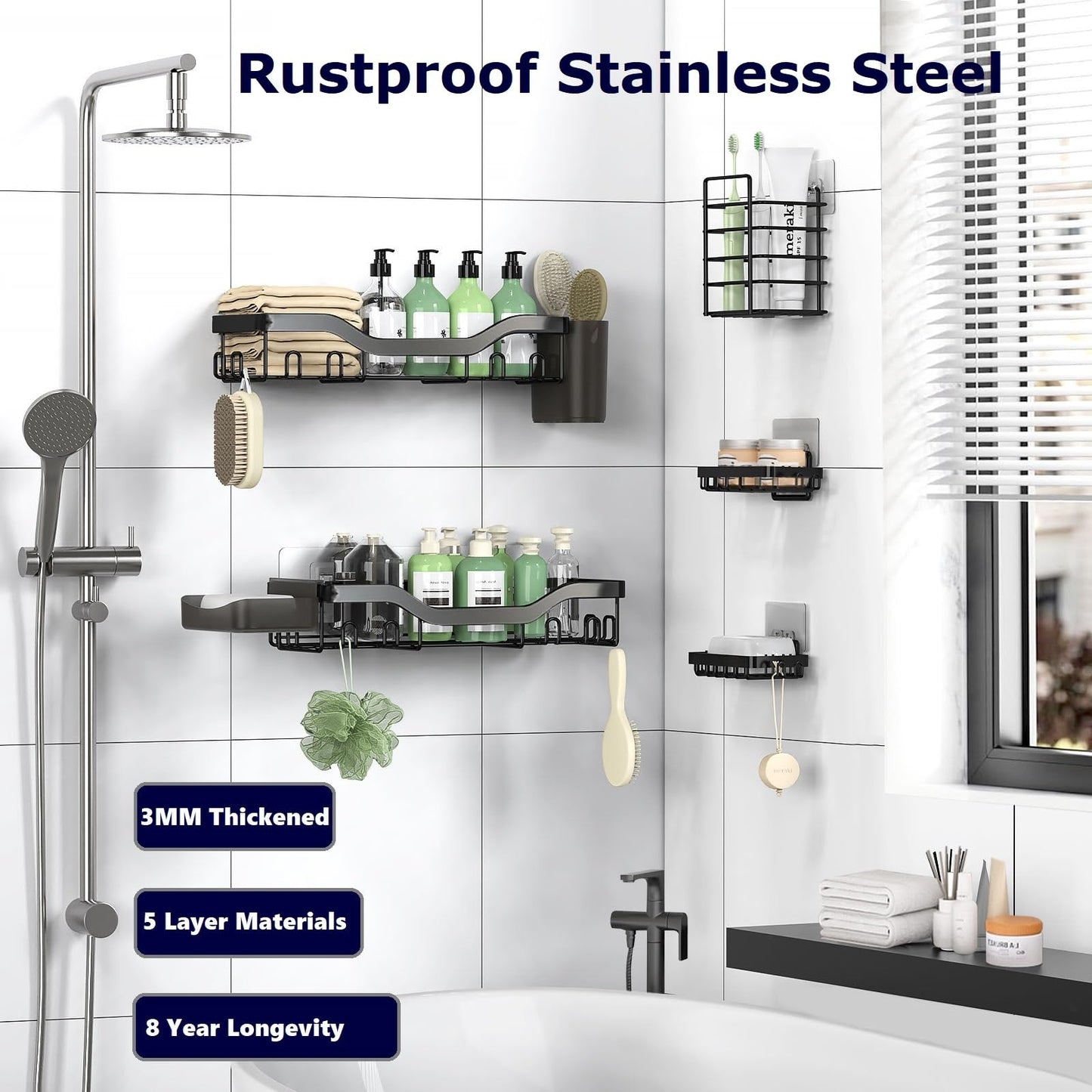 NESOMI 7-Pack Adhesive Shower Caddy – Rustproof No-Drill Bathroom Organizer with Shelves, Soap Dish, Toothbrush Holder & Hooks