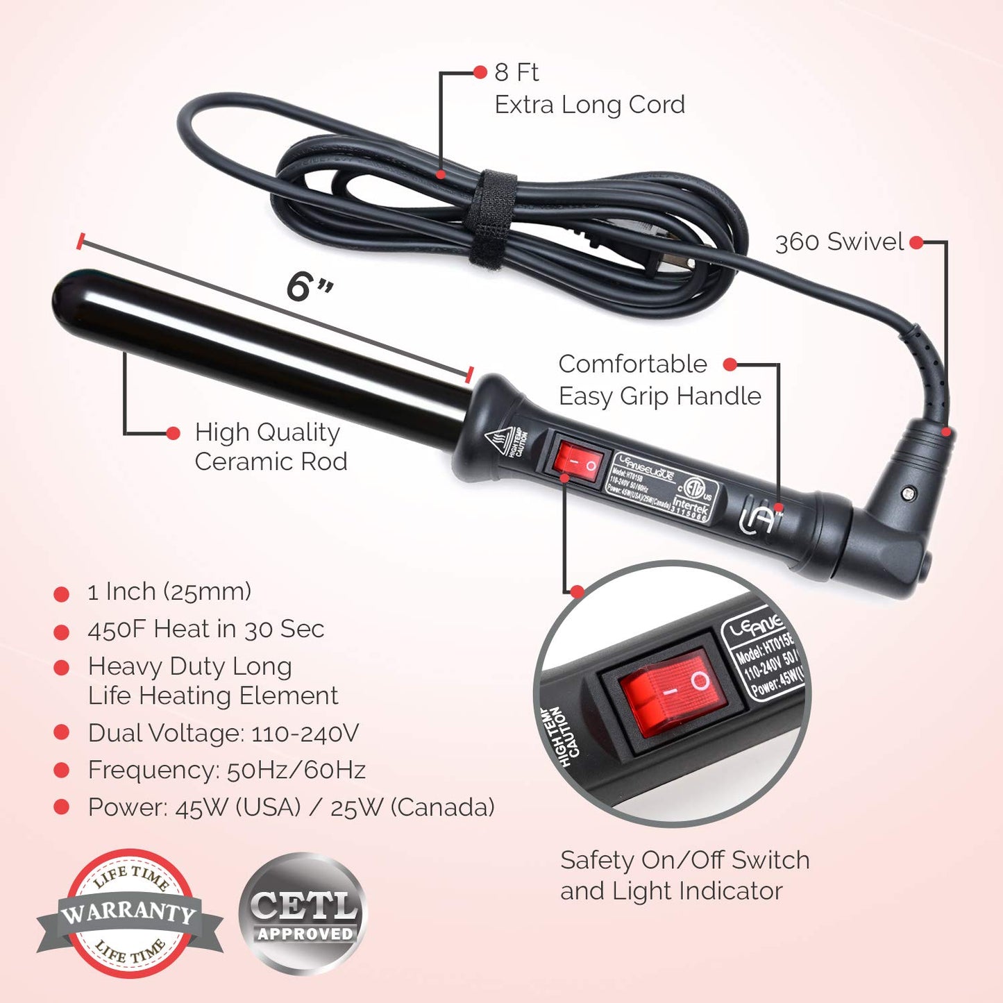 Le Angelique 1 Inch Ceramic Curling Wand for Beach Waves, Short & Long Curls - 25mm Professional Clipless Curler Iron with Glove and 2 Clips | 450F