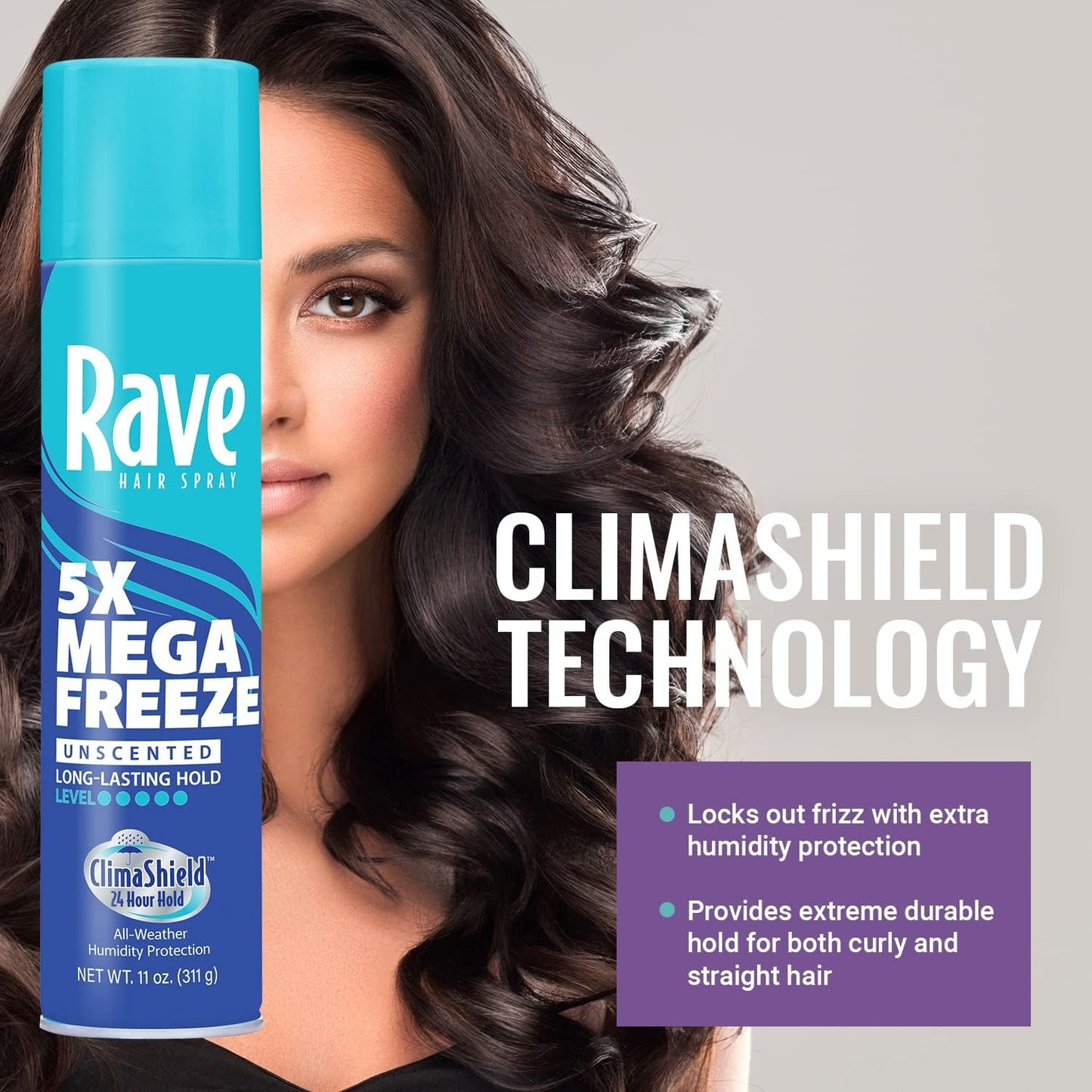 Rave 5X Mega Freeze Unscented Aerosol Hairspray by Rave - Heat Protection, Long Lasting Firm Hold - Minimizes Frizz and Static - 4 pc