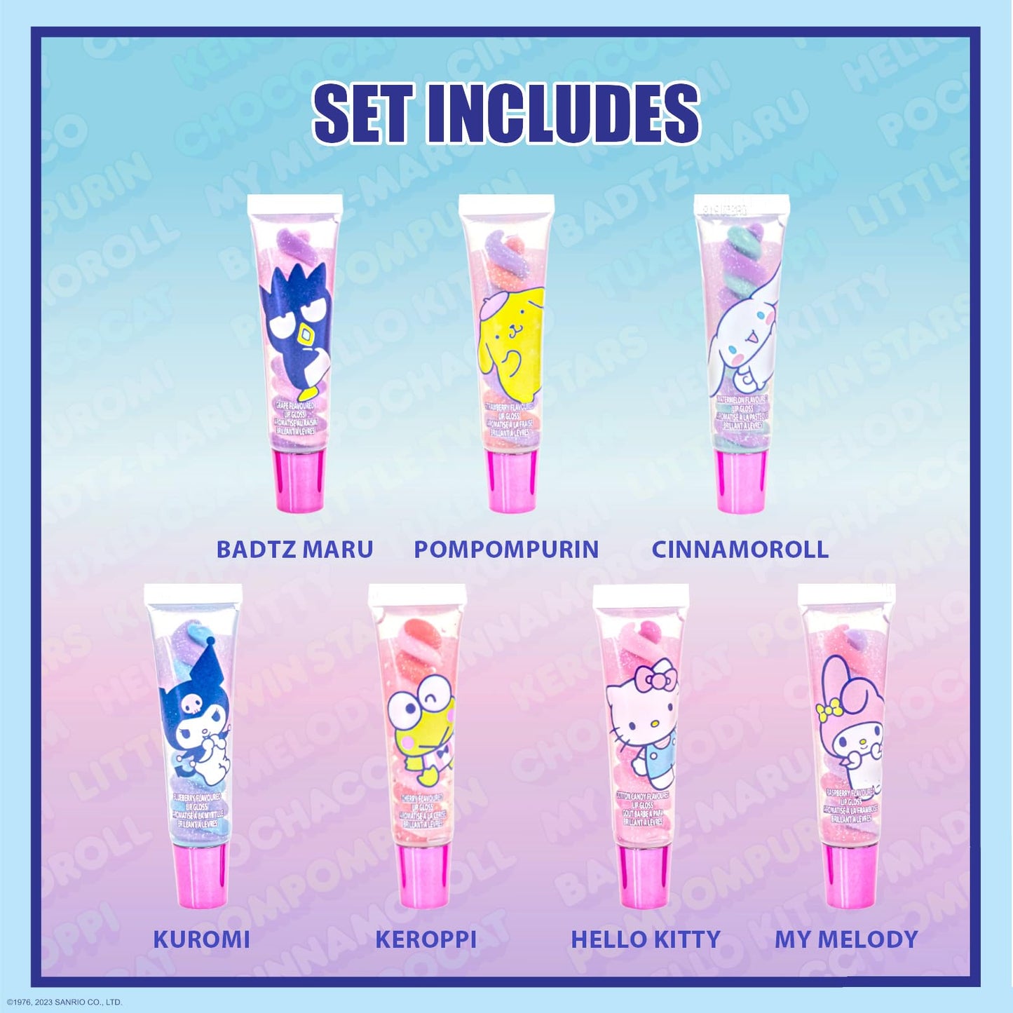 Townley Girl Hello Kitty and Friends 7 Piece Swirl Lip Gloss, Girls Kids Party Favors, Lip Set for Girls, Perfect for Birthday Gifts, Plant Based,