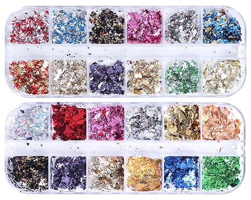 AUOCATTAIL 24 Grids Foil Nail Art Holographic Aluminum Nail Foil Flakes Stickers Nail Sequins 3D Glitter Decoration DIY Design Accessories Rainbow