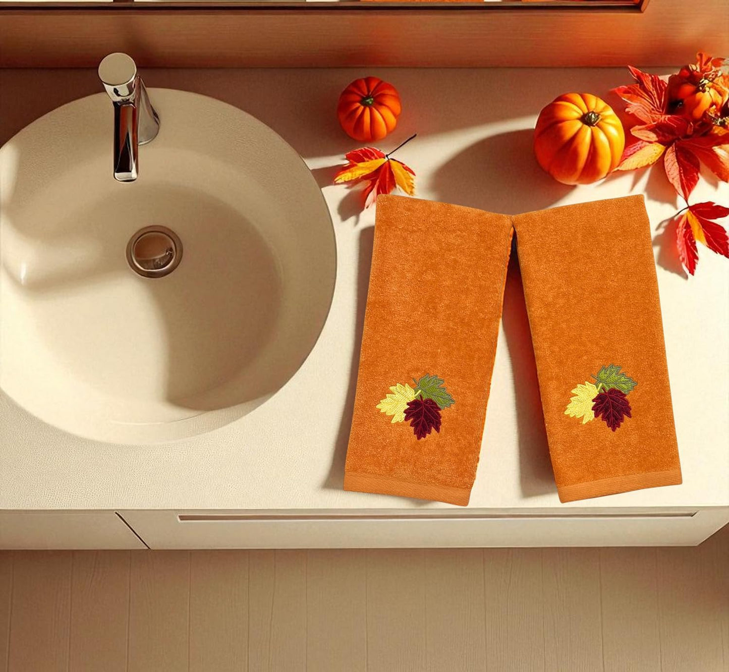 Serafina Home Decor Farmhouse Fall Hand Towels: Terracotta Rust Cotton Towels with Autumn Leaves of Burgundy Green and Yellow Hand Towel, 2 Piece Set
