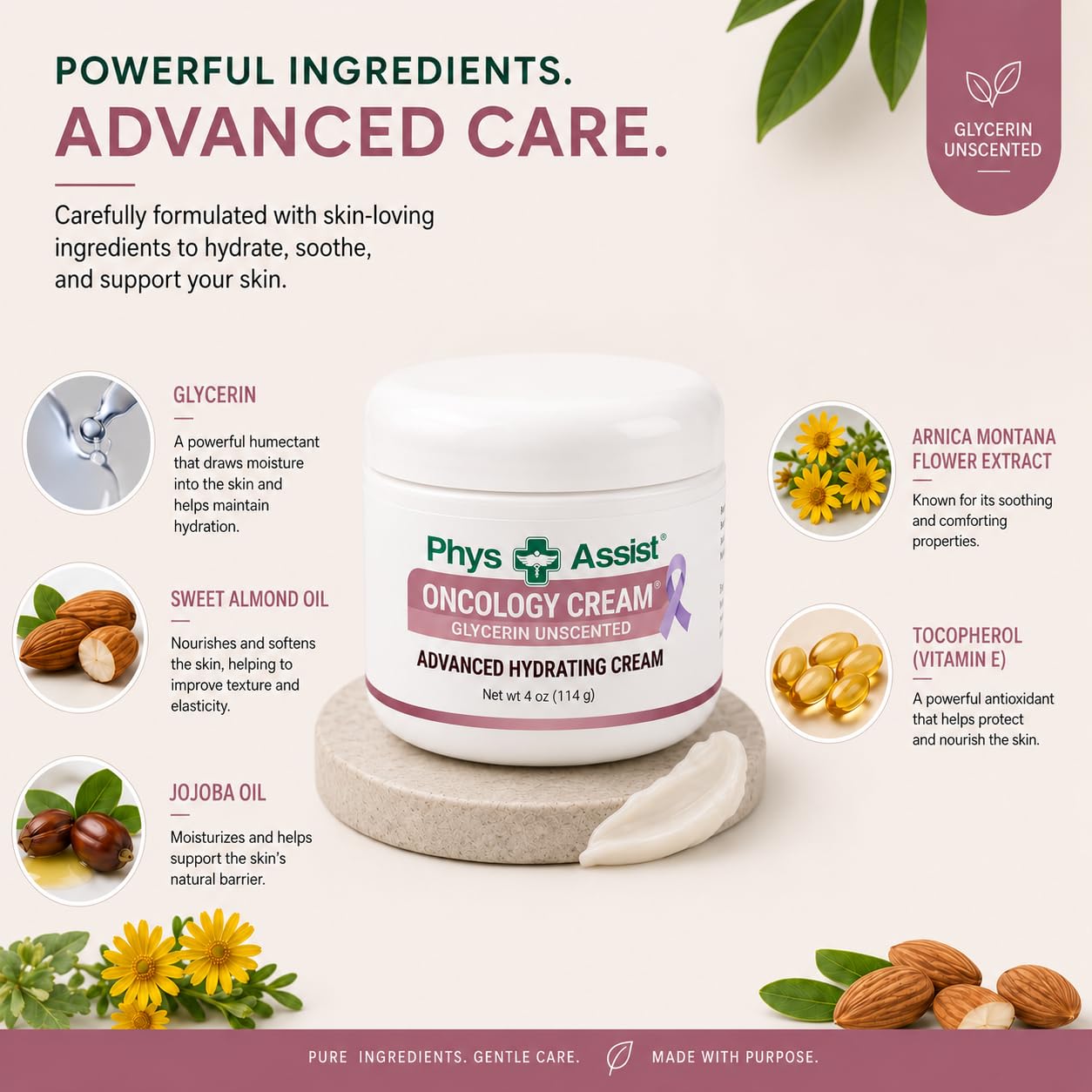 PhysAssist Oncology Cream Glycerin Unscented Moisturizer for Face & Body - Deep Hydration Cream for Dry, Sensitive & Stressed Skin - Fragrance-Free