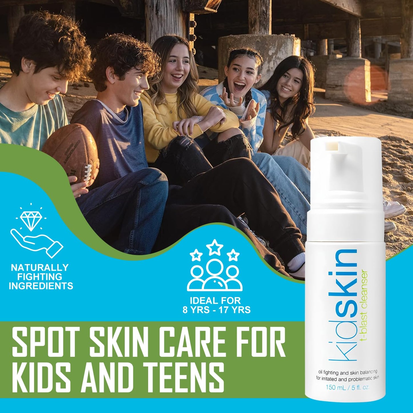 Kidskin T-Blast Facial Cleanser, Gentle Face Wash with Tea Tree Oil, Spot Skin Care for Kids and Teens, Non-Drying Natural Cleanser for Oily or Dry