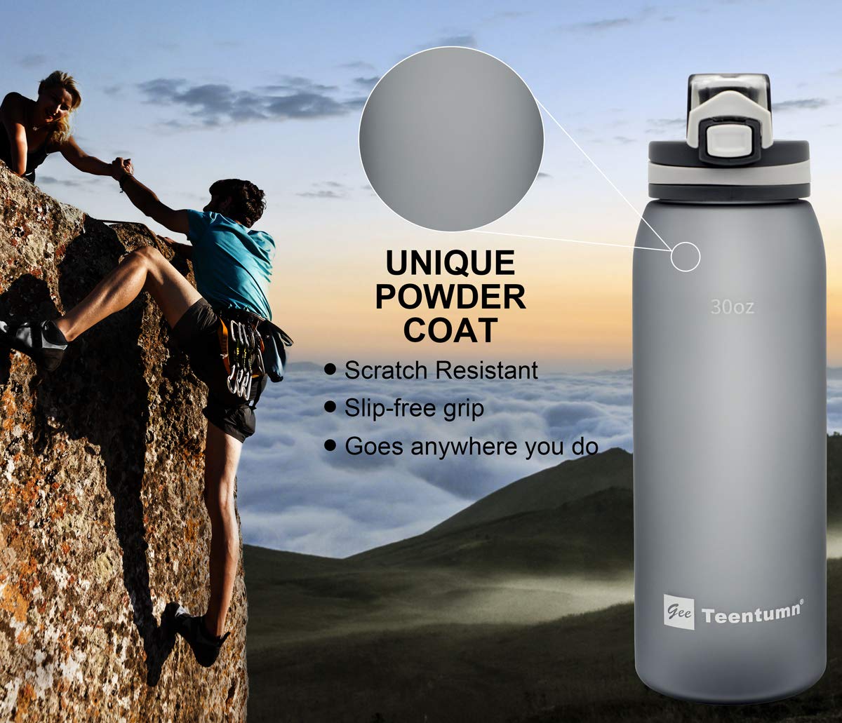 Teentumn 30oz Sport Water Bottle with Time Markers, Large Durable Gym Plastic Bottle Tritan BPA Free for Fitness, Outdoor Enthusiasts, Leakproof Gray