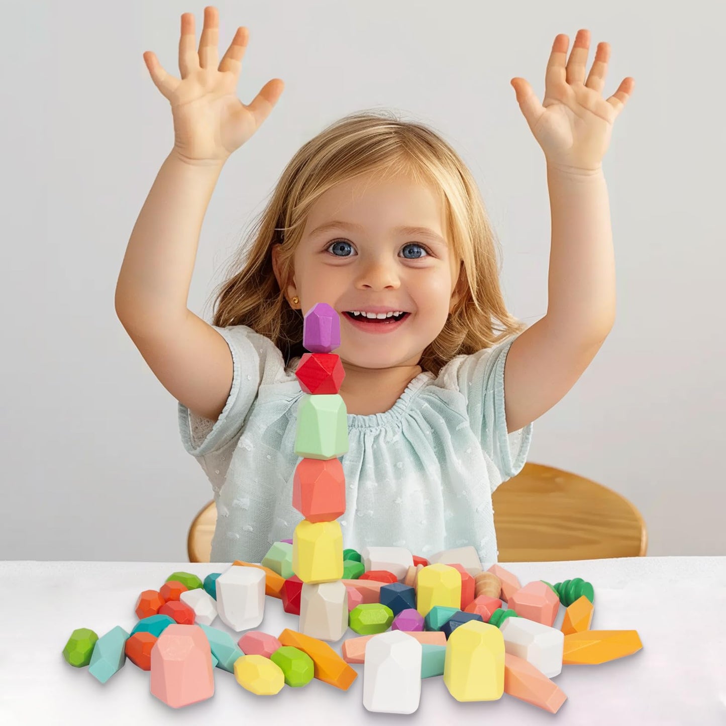 WOODENFUN 48pcs Wooden Stacking Rocks – Montessori Sensory STEM Building Blocks Game for Kids Ages 3-6, Educational Birthday Gift