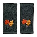 Serafina Home Harvest Fall Tip Towels: Plush Dark Grey Gray Cotton Towels with Autumn Leaf Design Set of 2, 12" x 18" Inch