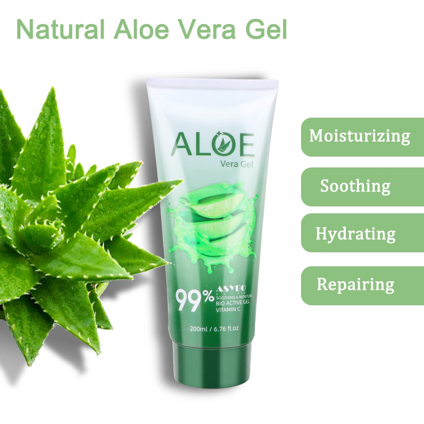 ASYBO 200x2 ML Aloe Vera Gel - 99% Organic Pure Aloe Vera Hydrating Face & Body Moisturizer, Natural Aloe Cream for Dry Skin, Sunburn, Acne, Soothing
