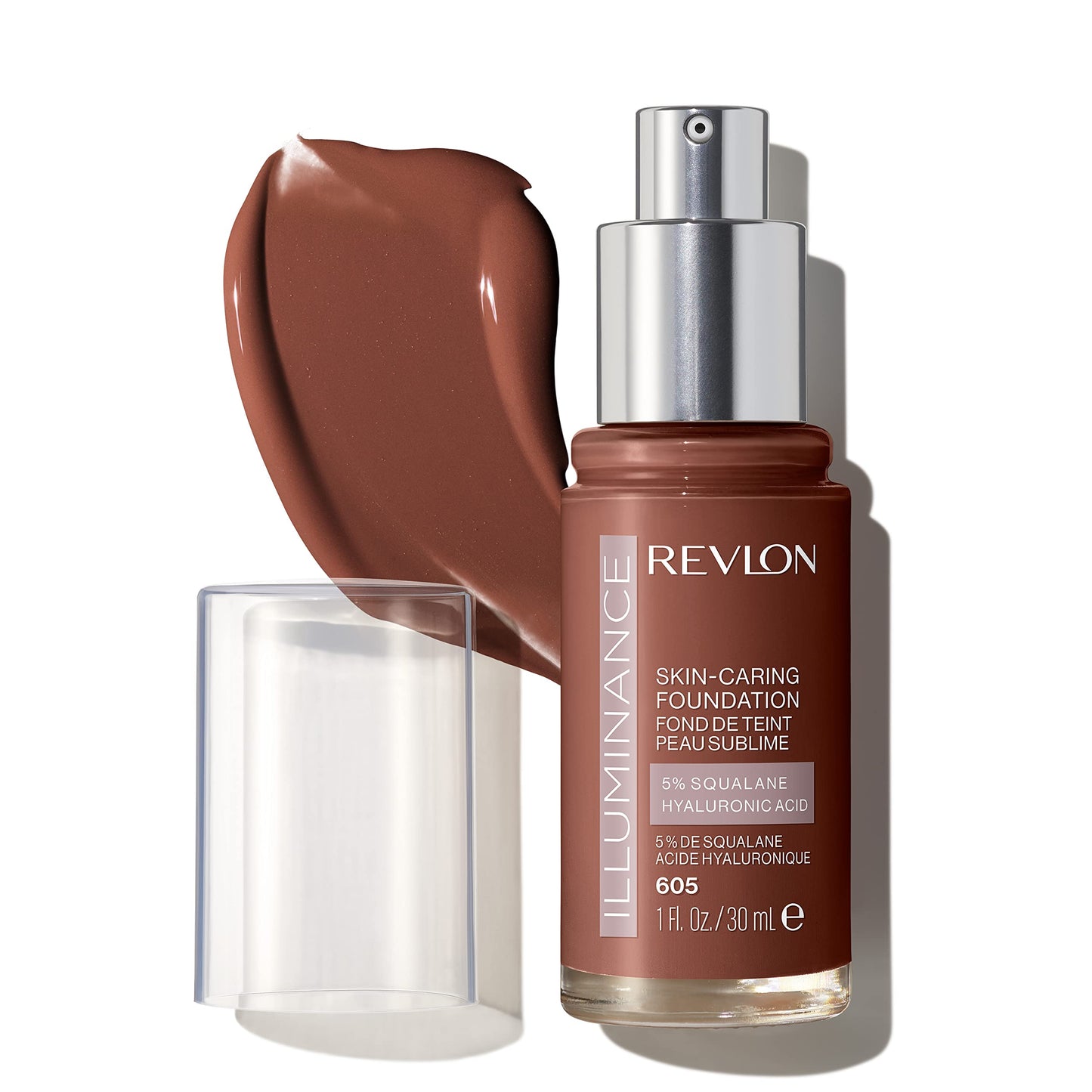 Revlon Illuminance Skin-Caring Liquid Foundation, Hyaluronic Acid, Hydrating and Nourishing Formula with Medium Coverage, 605 Rich Mahogany, 1 fl oz