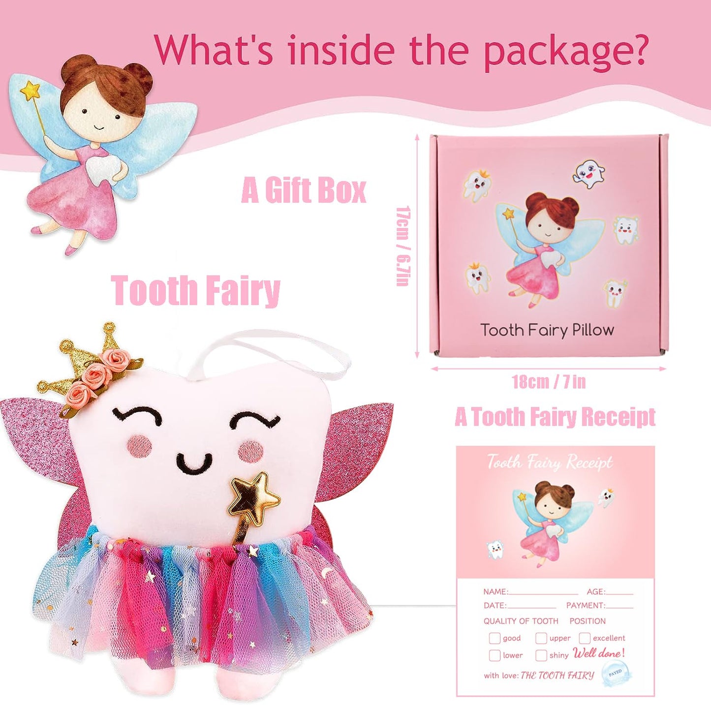 SQIMZAR Tooth Fairy Pillow,Tooth Fairy Plush Dolls Gifts for Girls with Pocket and Glittering Wings