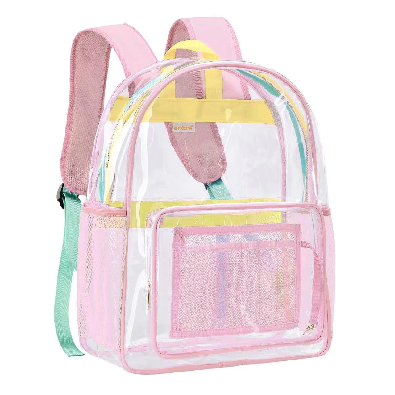 BYXEPA Clear Backpack Heavy Duty TPU See Through Transparent Backpack with Reinforced Strap & Large Capacity for Girls Women School College Workplace Security - Pink, 16.1in