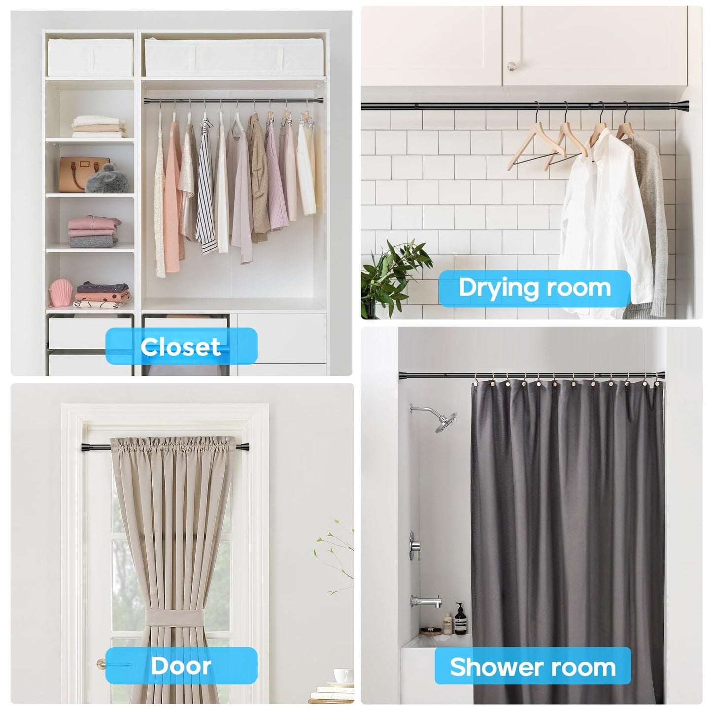 Black Spring Tension Curtain Rod, 28-52 in Adjustable No-Drill Rod, 7/8" Diameter, Heavy Duty Anti-Slip for Shower, Windows, Kitchen & Closet