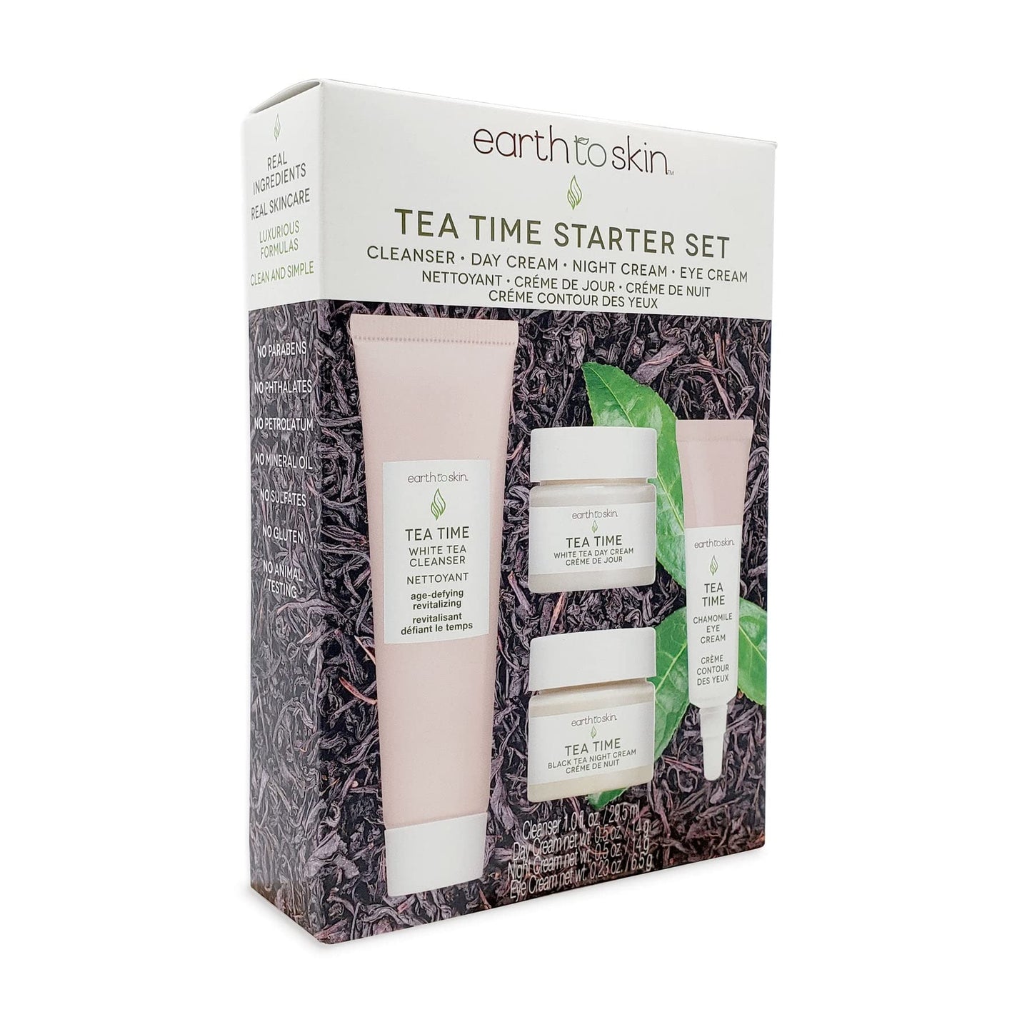Earth To Skin Tea Time Starter Set: White Tea Cleanser (1.0 Fl Oz), White Tea Day Cream (0.5 Fl Oz), Black Tea Night Cream (0.5 Fl Oz), Chamomile Eye