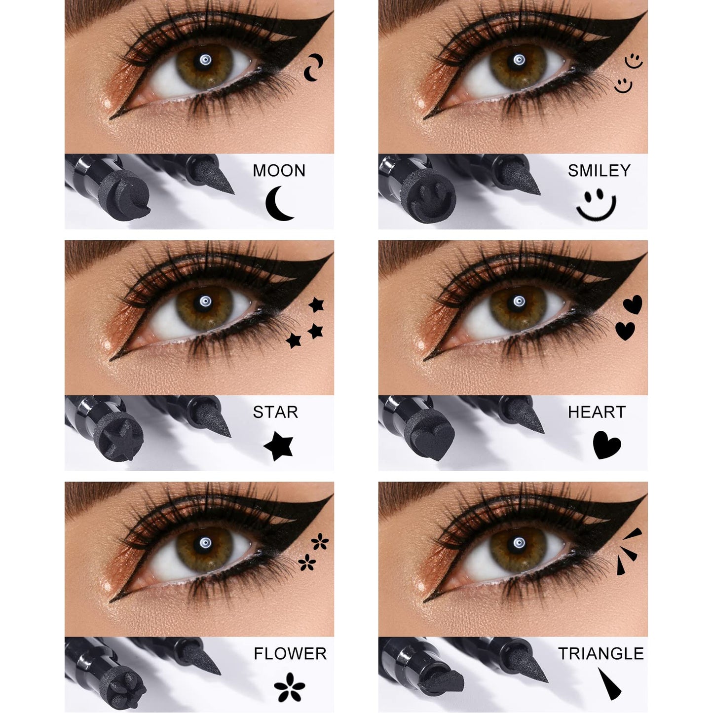 Ownest 6Pcs Eyeliner Stamp, Double-End Eyeliner Stamp Pen, Waterproof Eye Liner Tattoo Makeup-Smiley+Triangle+Heart+Star+Moon+Flower