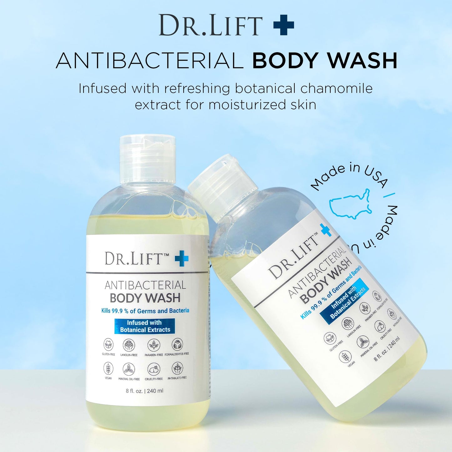 DR. LIFT Antibacterial Body Wash, Refreshing Scent, Hydrating Shower or Bath Cleanser With Citric Acid, Spirulina, and Lemon, Clean Moisturizing
