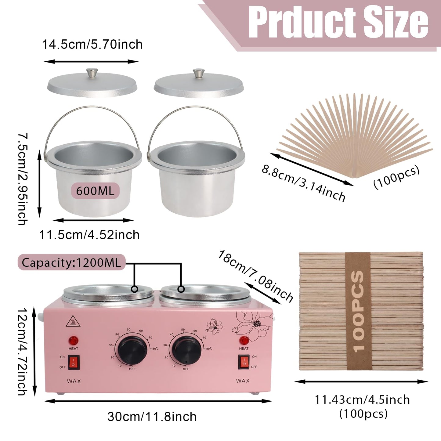 Wax Warmer Double Pot, Professional Electric Heater for Facial, Body, Spa, and Salon, 1.2L Dual Adjustable Temperature with 100 Wooden Craft Sticks Beauty and Personal Care Podoy