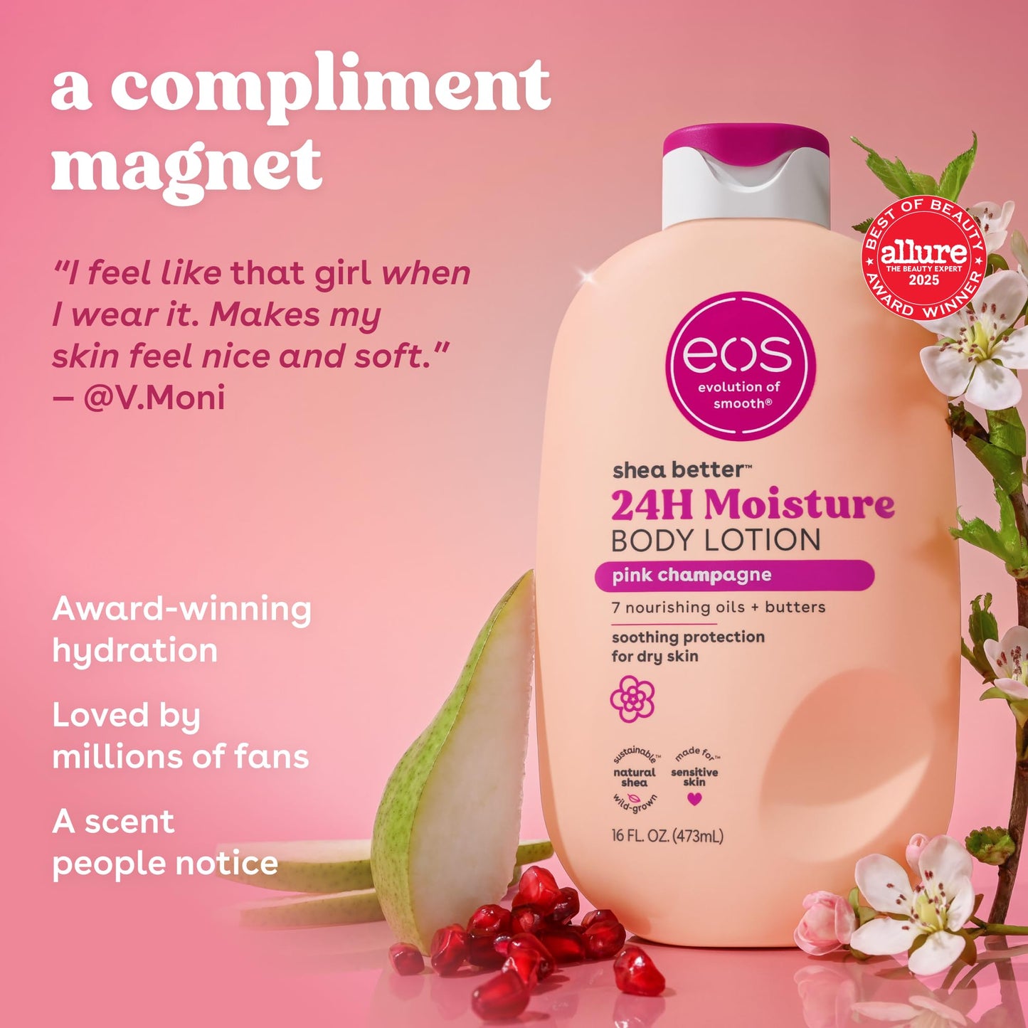 eos Shea Better Body Lotion Pink Champagne, 24-Hour Moisture Skin Care, Lightweight & Non-Greasy, Natural Shea, Vegan, 16 fl oz