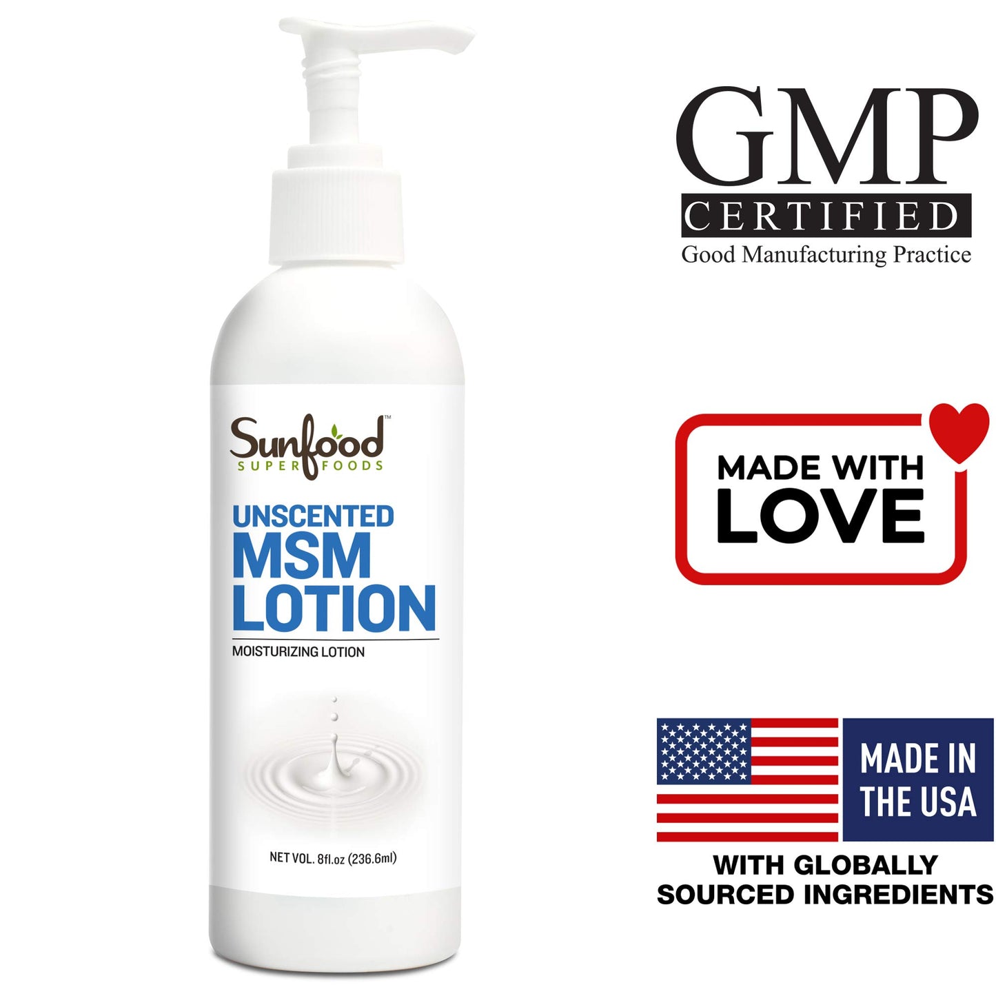 Sunfood Superfoods Unscented MSM Lotion. 8 oz Bottle