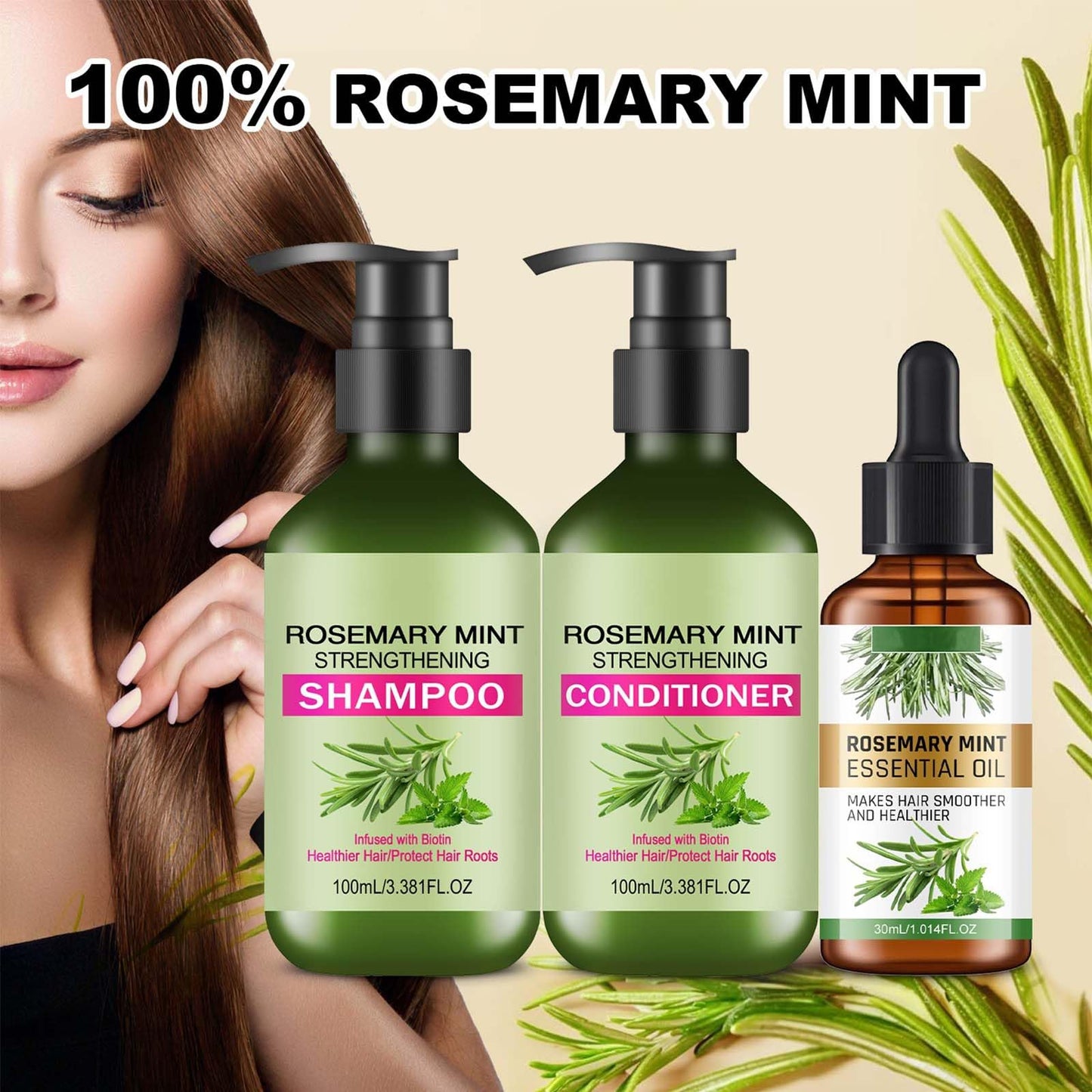 Rosemary Mint Hair Care Shampoo & Conditioner Set, Hair Growth Shampoo, Conditioner, Oil for Gentle Cleansing,Moisture Repair,Frizz Control,Shine