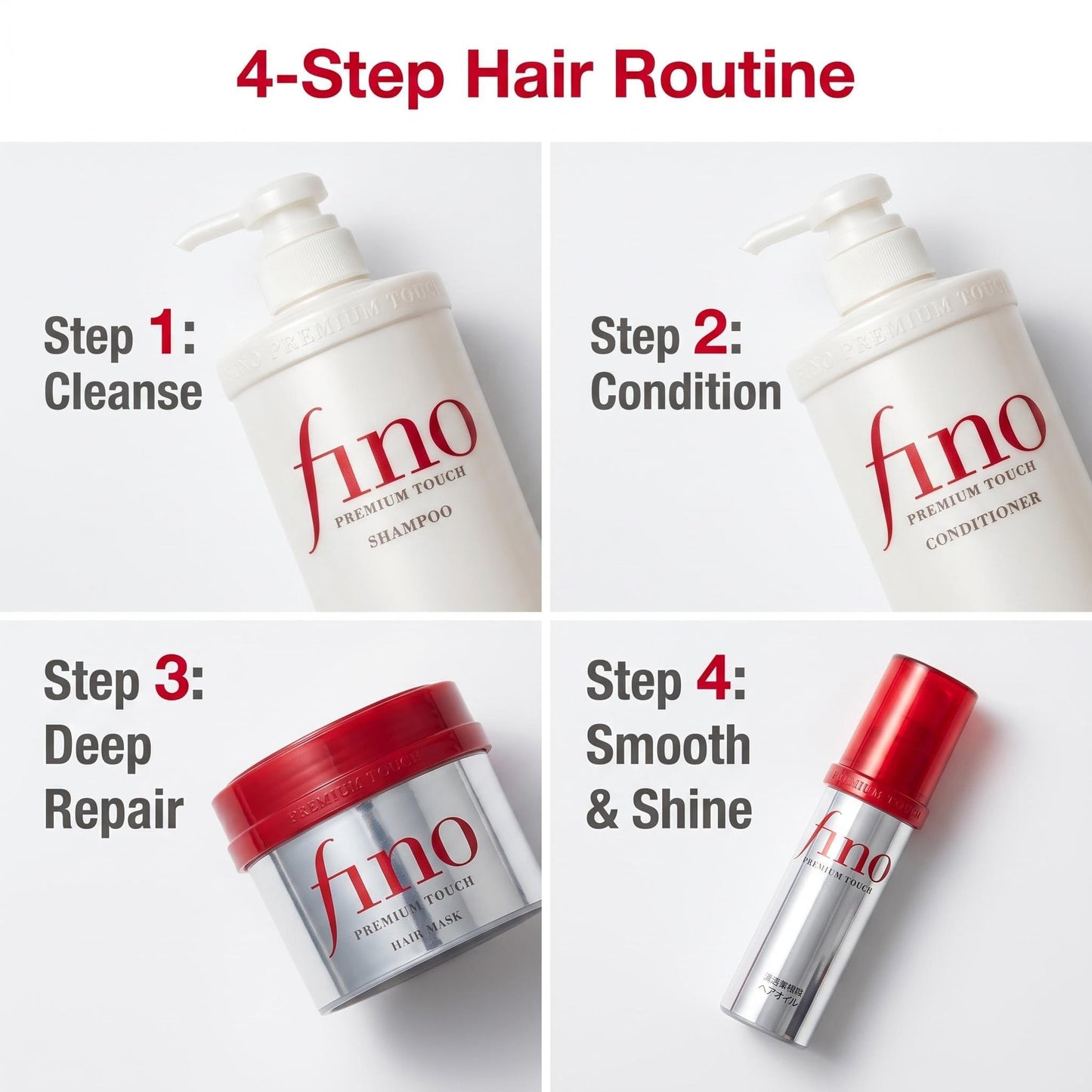 TJ SIGNATURE Fino Premium Touch Complete Hair Spa Set - Shampoo (550ml), Conditioner (550ml), Mask (230g) & Hair Oil (70ml) 5-Piece J-Beauty System