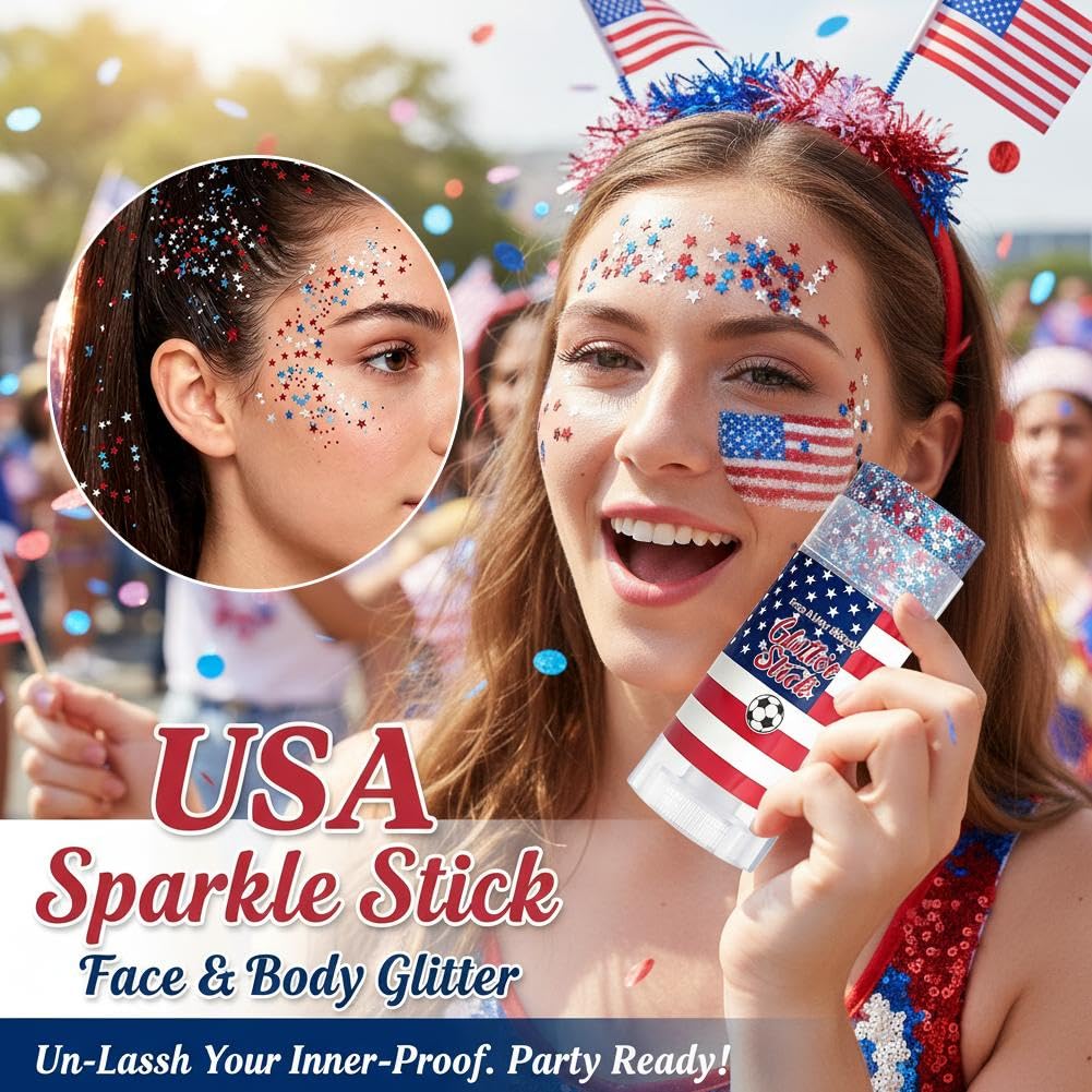 Patriotic Body Glitter Stick, 4th of July Anniversary Accessories, Waterproof Sparkling Face Hair Glitter for Fourth of July Outfit Women Kids, Red