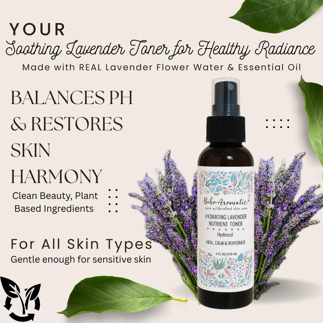 Hydrating Lavender Facial Mist - Natural Face Spray Toner with Pure Lavender Hydrosol - Refreshing & Calming Skincare Mist for Dry or Sensitive Skin