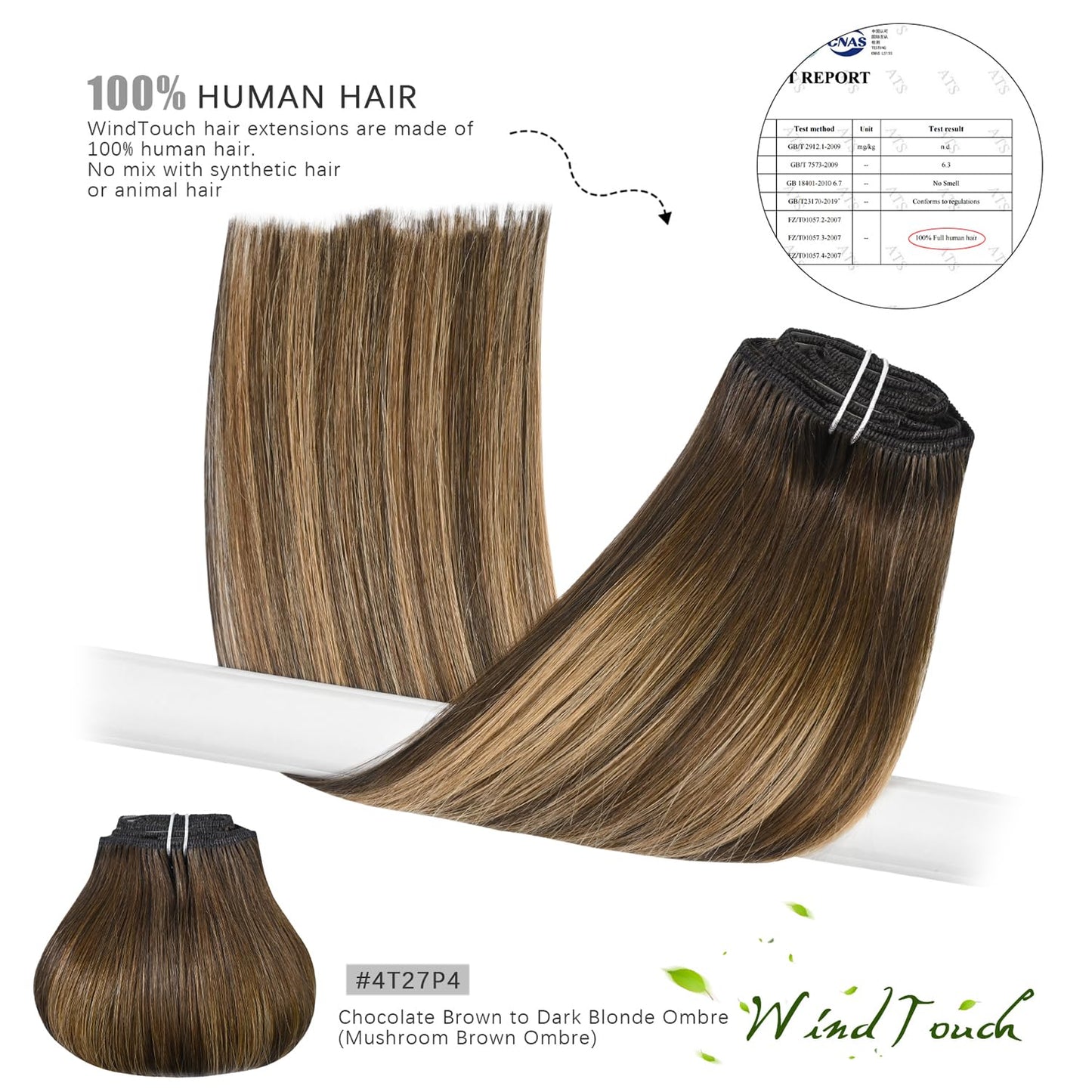 WindTouch Clip in Hair Extensions Remy Hair Chocolate Brown To Dark Blonde Ombre 20Inch 75g Human Clip Ins #4T27P4 7PCS