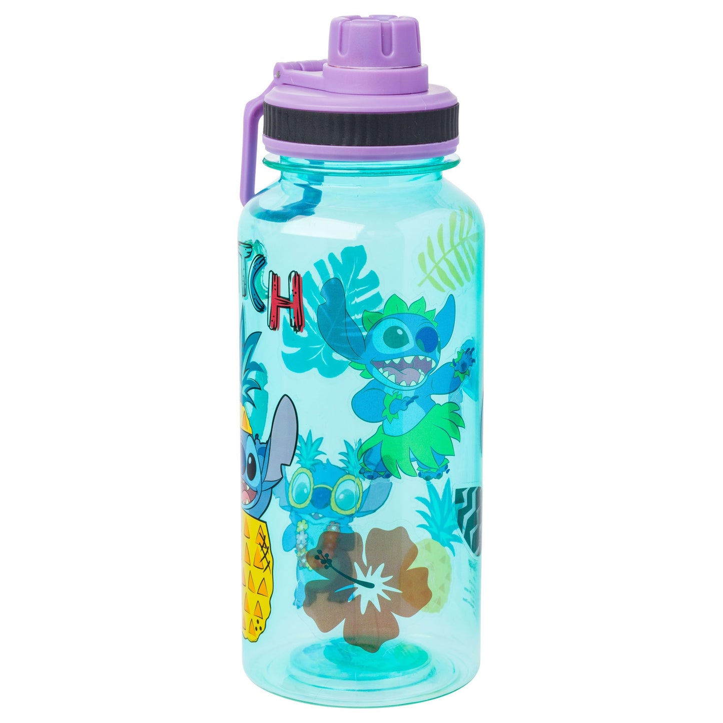 Silver Buffalo Disney Lilo and Stitch Pineapple Twist Spout Plastic Water Bottle with Stickers You Stick Yourself, 32 Ounces