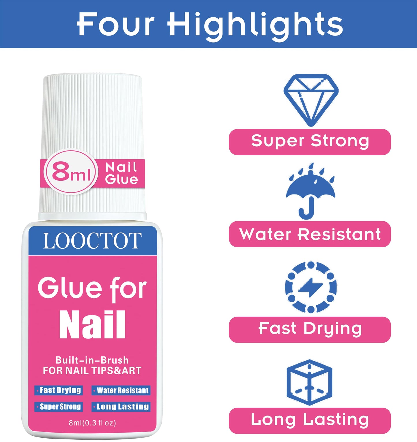 Super Strong Nail Glue for Nail Tips,Acrylic Nails and Press on Nails,Built in Brush on Nail Glue for Press on Nails,Long Lasting Nail Cement(8ml*2) Beauty and Personal Care LOOCTOT