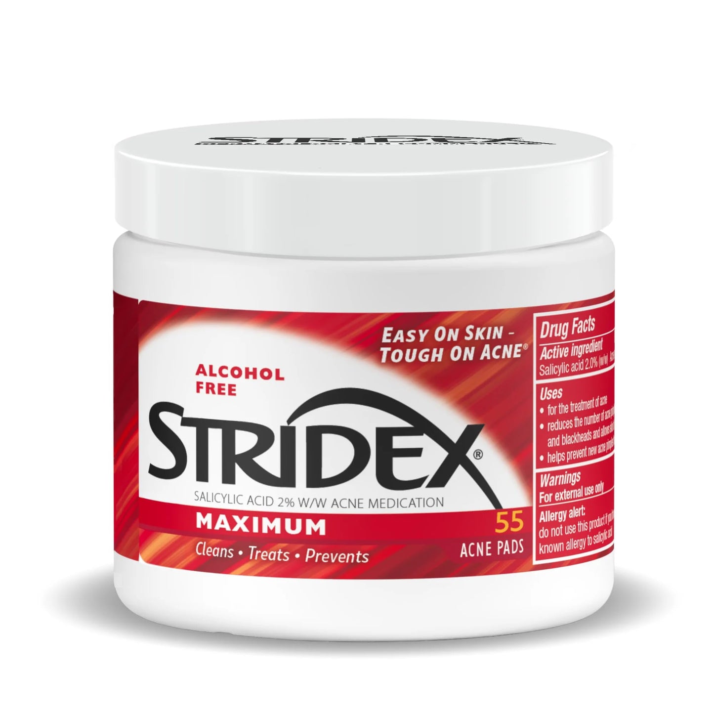 Stridex Medicated Acne Pads, Maximum, 55 Count - Facial Cleansing Wipes, Alcohol Free, Acne Treatment for Face, For Moderate Acne, Smooth Application Beauty and Personal Care Stridex