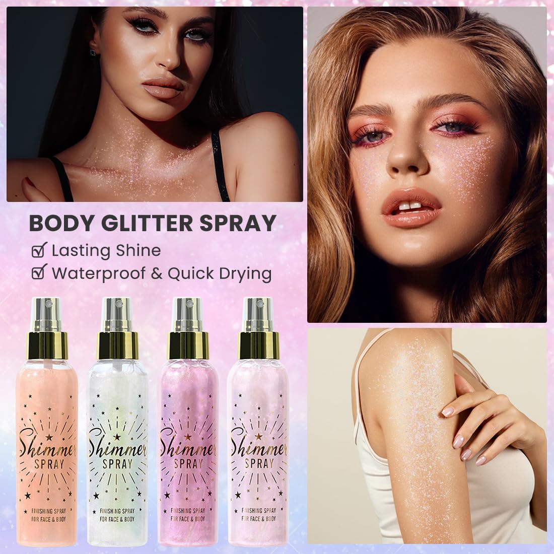 Glitter Spray for Hair and Body, Glitter Body Spray, Glitter Spray for Clothes, Quick-Drying Waterproofing Body Shimmer Suitable for Festival Rave