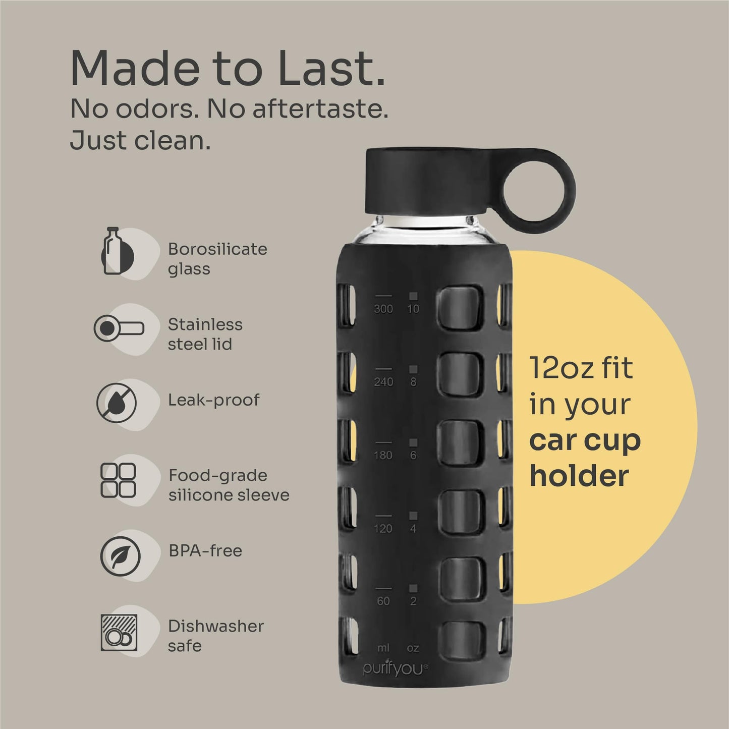 purifyou 40oz / 32oz / 22oz / 12oz Borosilicate Glass Water Bottle with Time & Volume Markers, Silicone Sleeve, Stainless Steel Lid | Reusable Glass