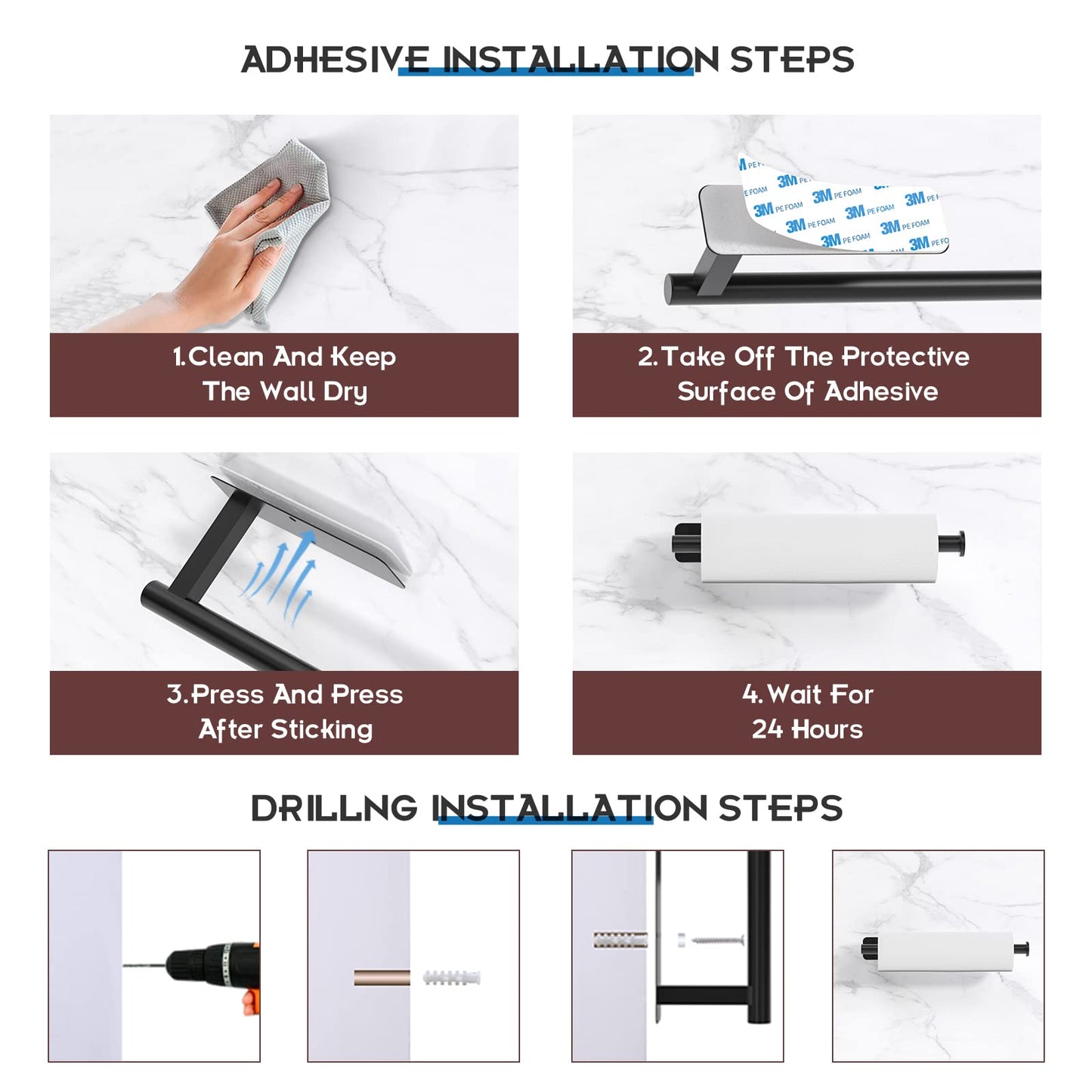 ASTOFLI 12" Paper Towel Holder – No-Drill Under Cabinet Mount, Self-Adhesive, 304 Stainless Steel – Matte Black for Kitchen/RV