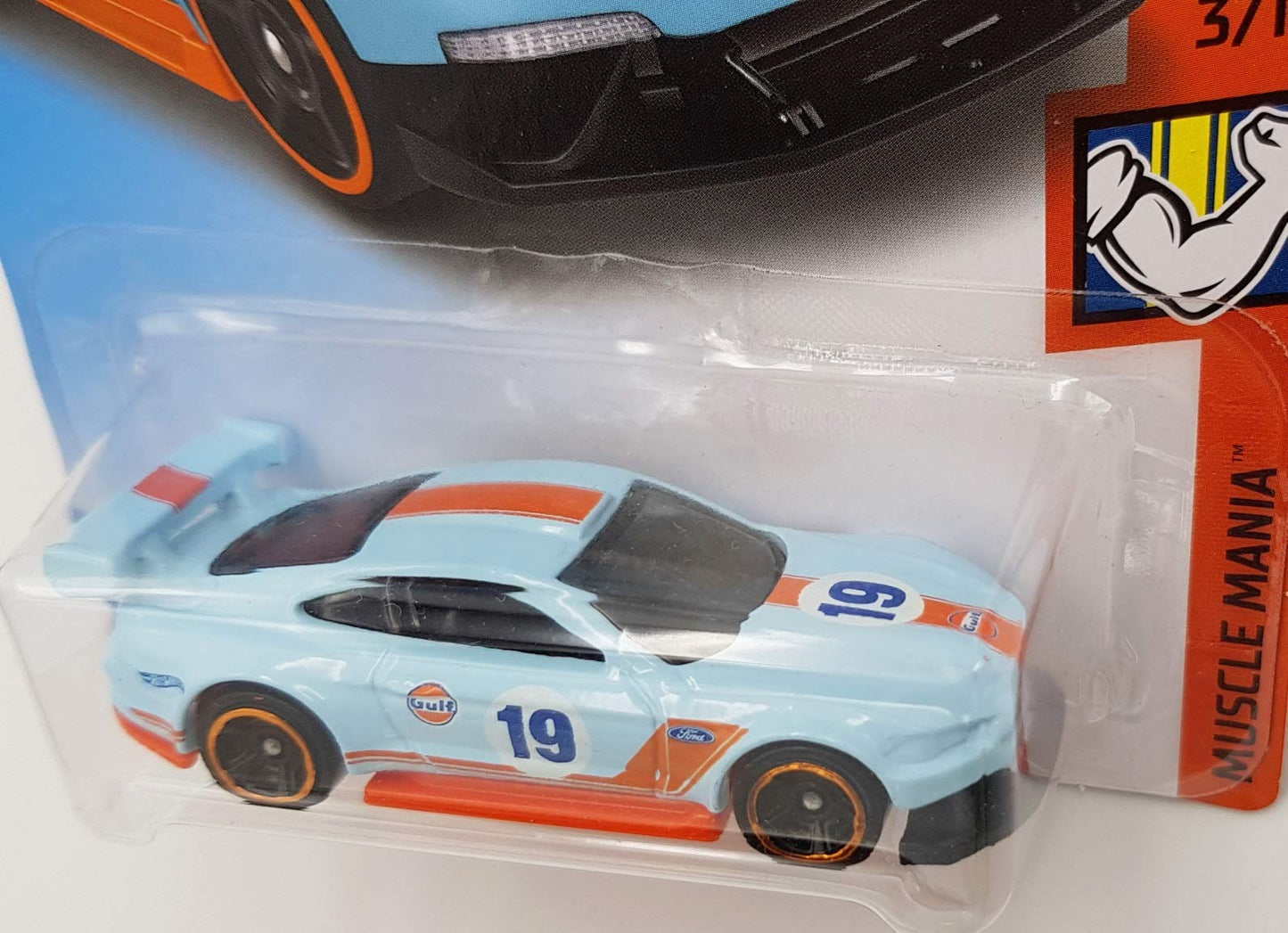 Hot Wheels 2019 Muscle Mania Custom '18 Ford Mustang GT 180/250, Light Blue and Orange