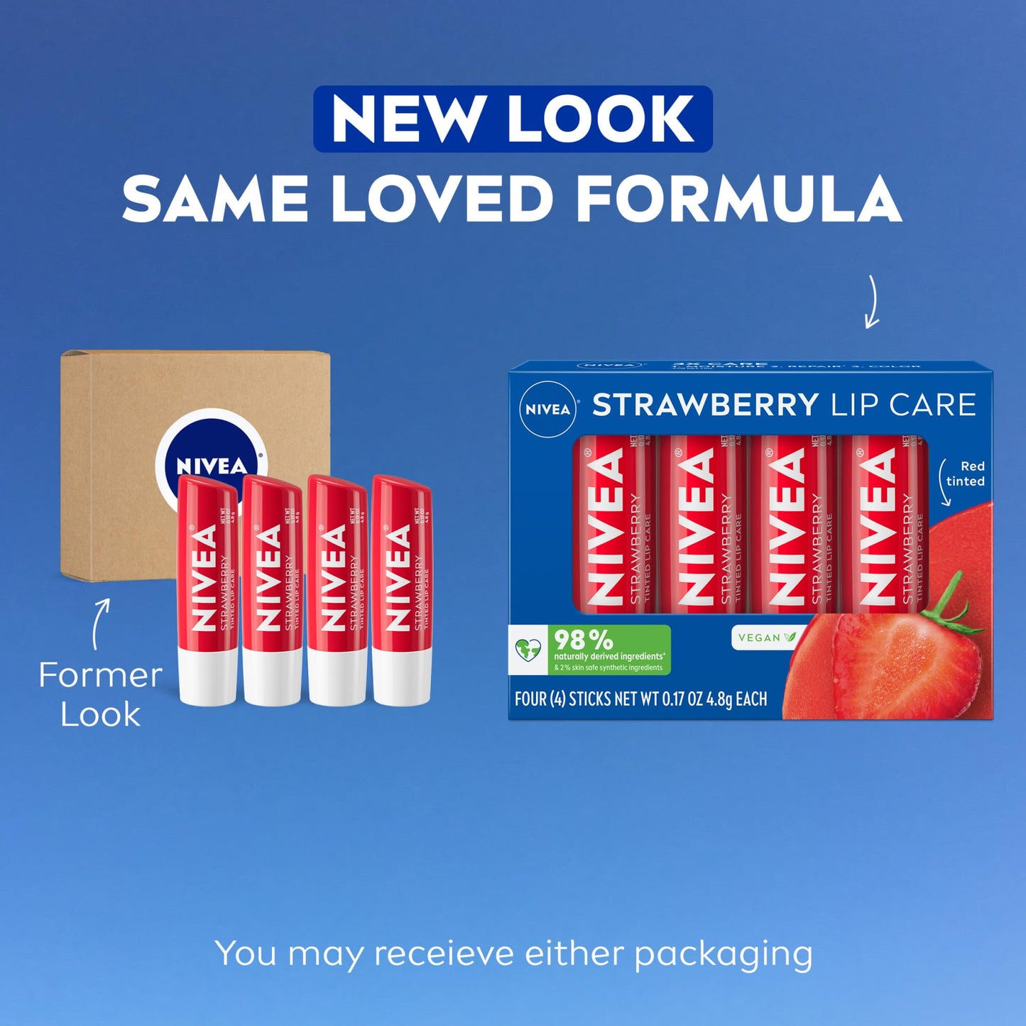 NIVEA Strawberry Lip Care, Red Tinted Lip Balm Pack with Shea Butter, Nourishing Oils and Vitamin C & E, 3-in-1 Moisture, Repair and Color, 0.17 Oz