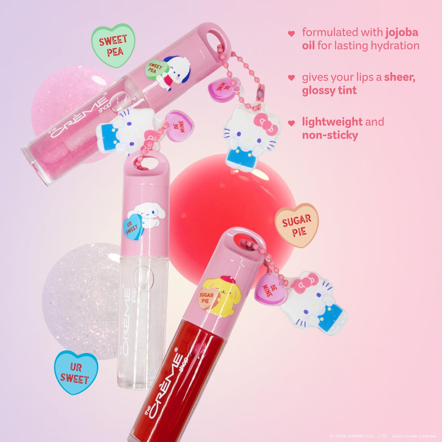 The Crème Shop x Hello Kitty & Friends x Sweethearts Tinted Lip Oil with Jojoba Oil for Lasting Hydration, Lip Oil on Keychain with Hello Kitty Charm