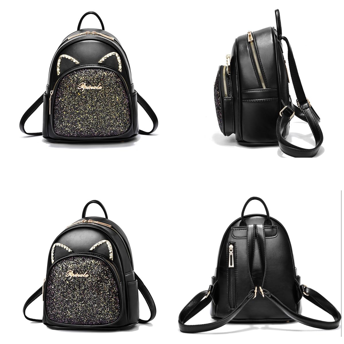 SCOFY FASHION Cartoon Cat Mini Cute Backpack Wallet For Women Leisure Small Backpack Daypack PU Leather Shoulder Bag, b-black, One Size
