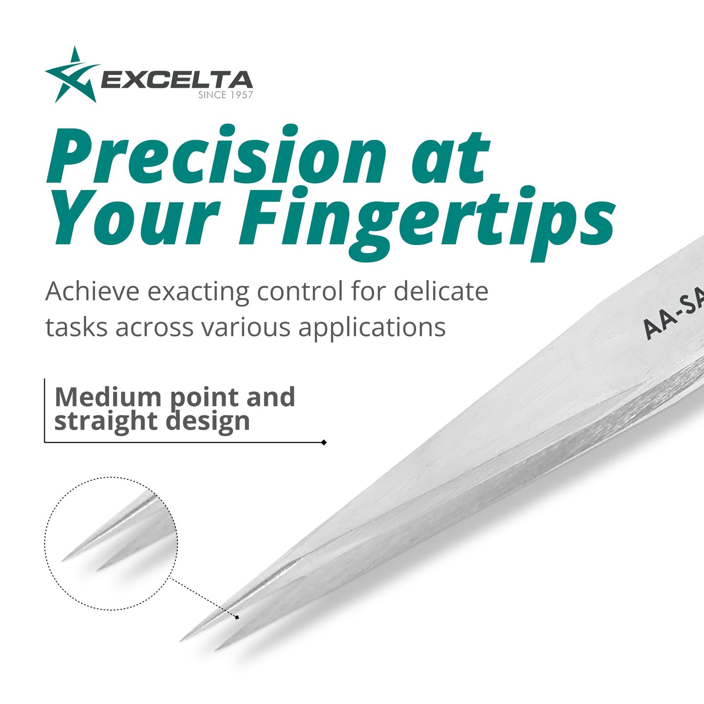 Excelta AA-SA-SE Straight Medium Pointed Tweezers, Anti-Magnetic Stainless Steel, ESD-Safe, Conductive, Precision Tweezers for Electronics, Jewelry
