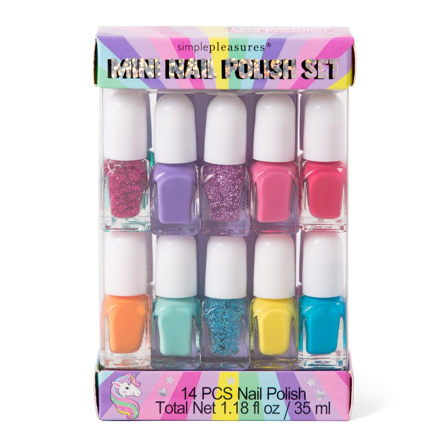 SIMPLE PLEASURES Rainbow Glitter Kids Nail Polish Set for Girls - 14 Water-Based Non -Toxic Nail Art Kit - Gift Set for Ages 7-12
