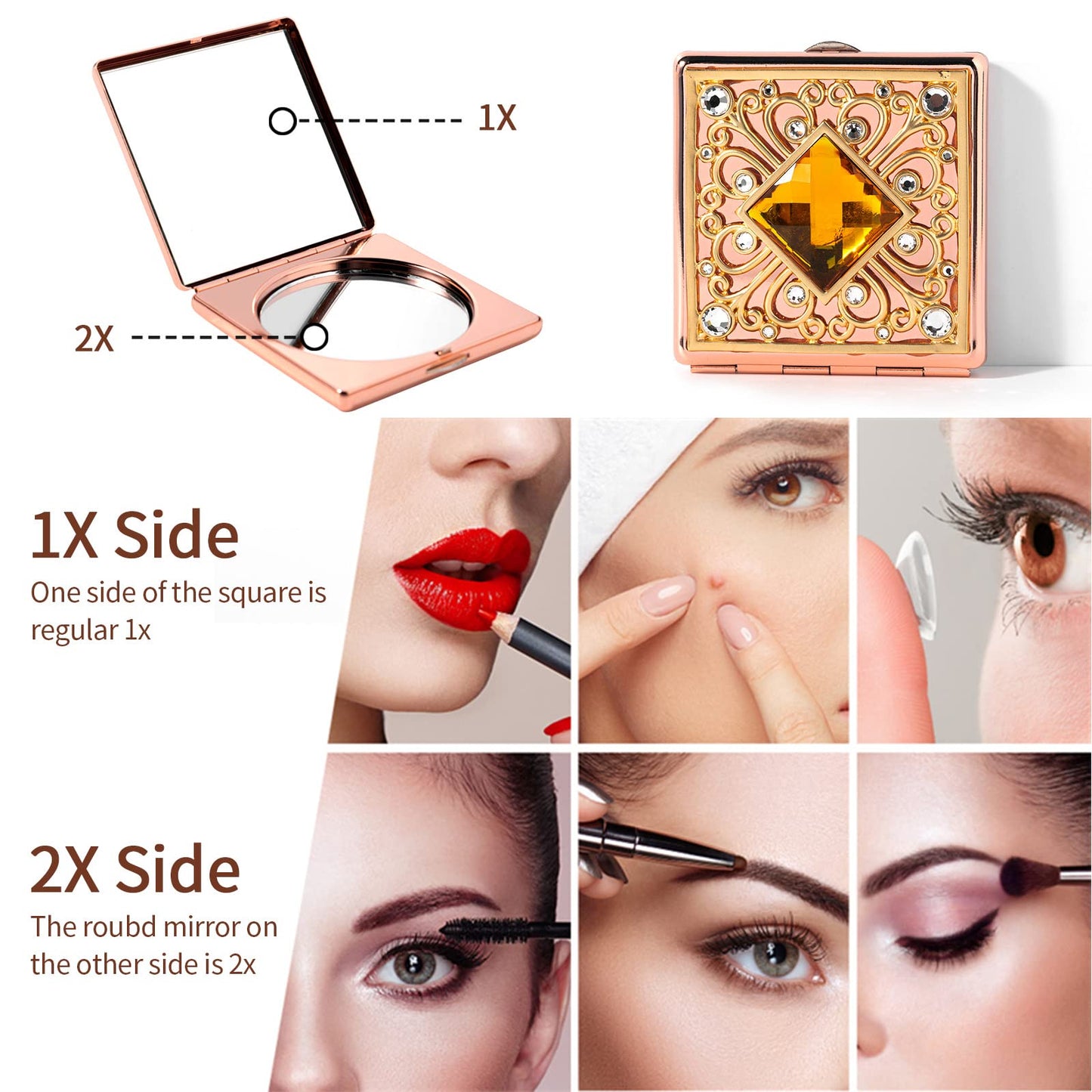HAPUTDY Mini Elegant Makeup Mirror, Portable 1X/2X Magnifying (Pink)