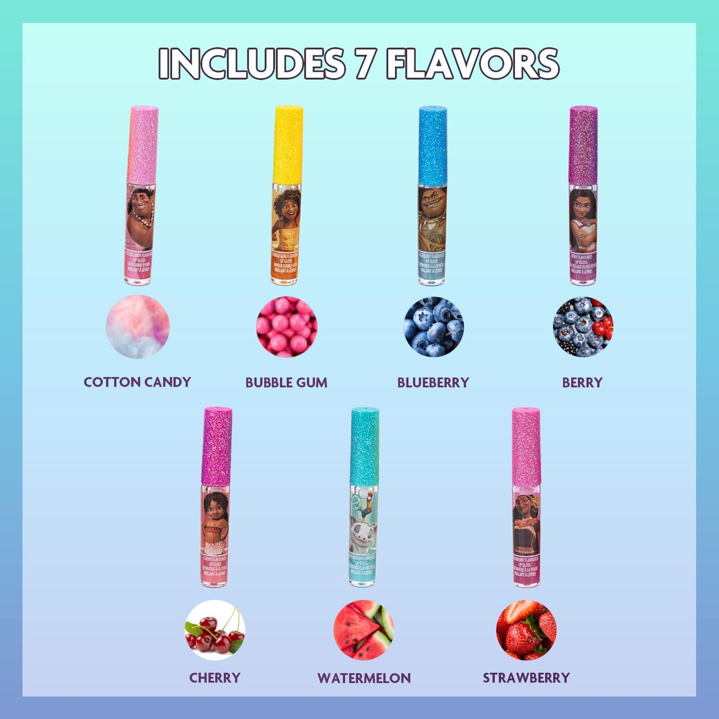 Disney Moana 7 Piece Plant Based Lip Gloss, Girls Party Favors, First Makeup Set for Girl, Perfect for Parties, Sleepovers, and Birthday Gifts, Ages