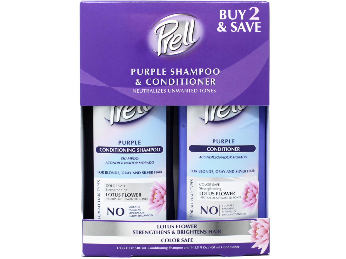 Prell Purple Shampoo + Conditioner Set for Blonde, Bleached, Gray & Silver Hair, Neutralizes Yellow Tones, Color-Safe Hydrating Lotus Flower System