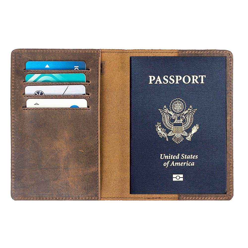 RFID Blocking Passport Holder Travel Wallet - Genuine Crazy Horse Leather for Men(Coffee)