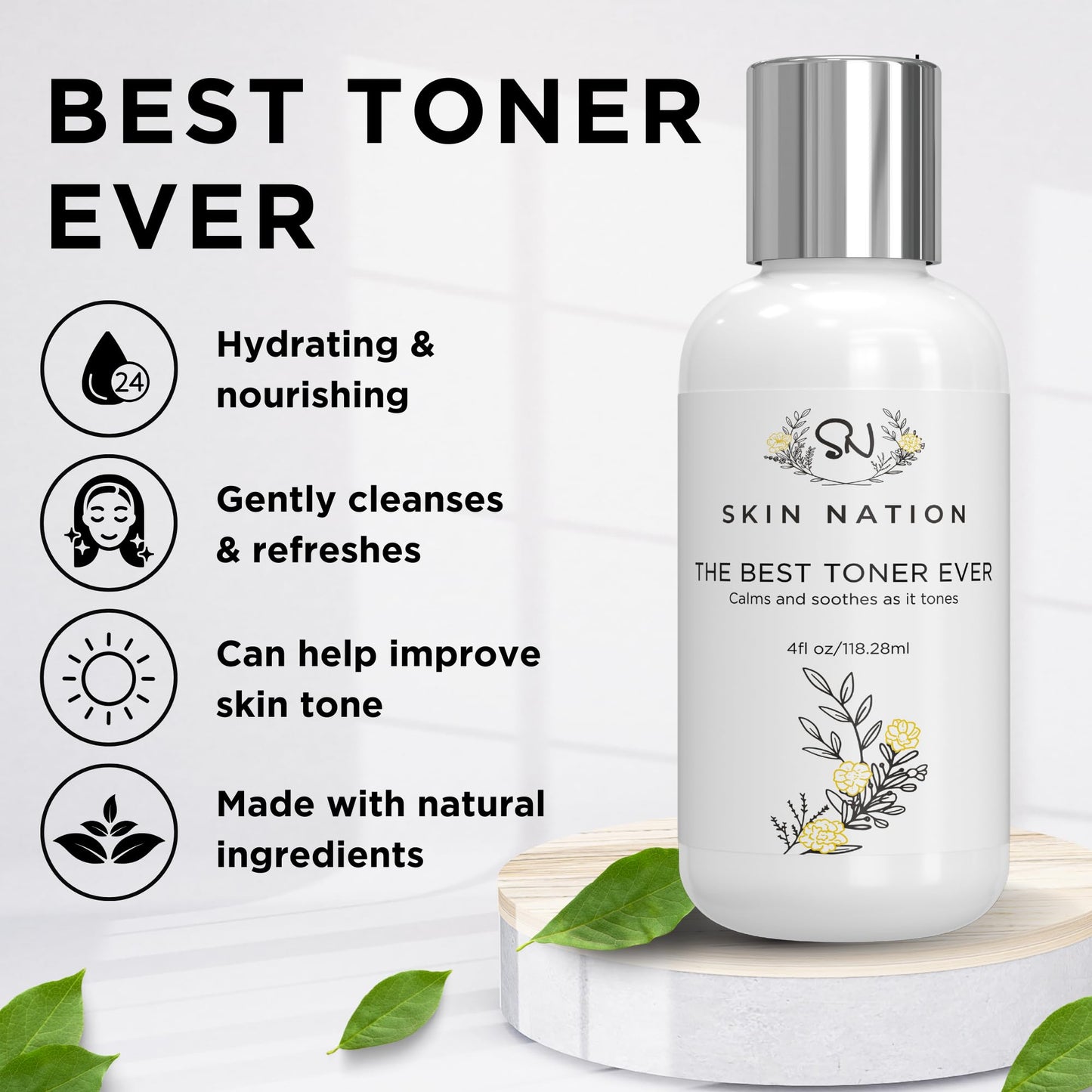 Skin Nation Hydrating Gentle Rosewater Toner with Aloe Vera and Chamomile, Alcohol-Free and Paraben-Free, for Dry, Sensitive, Oily and Combination