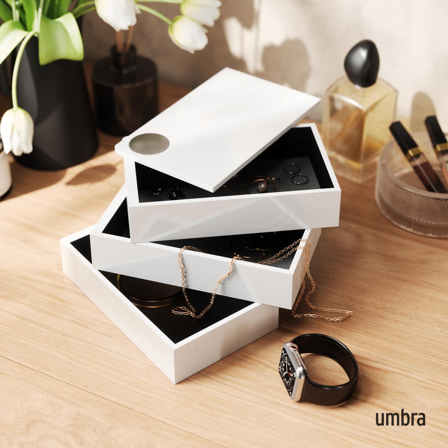 Umbra Spindle Jewlery Box, Stacked Jewelry Box with Three Compartments, High-gloss Finish, White