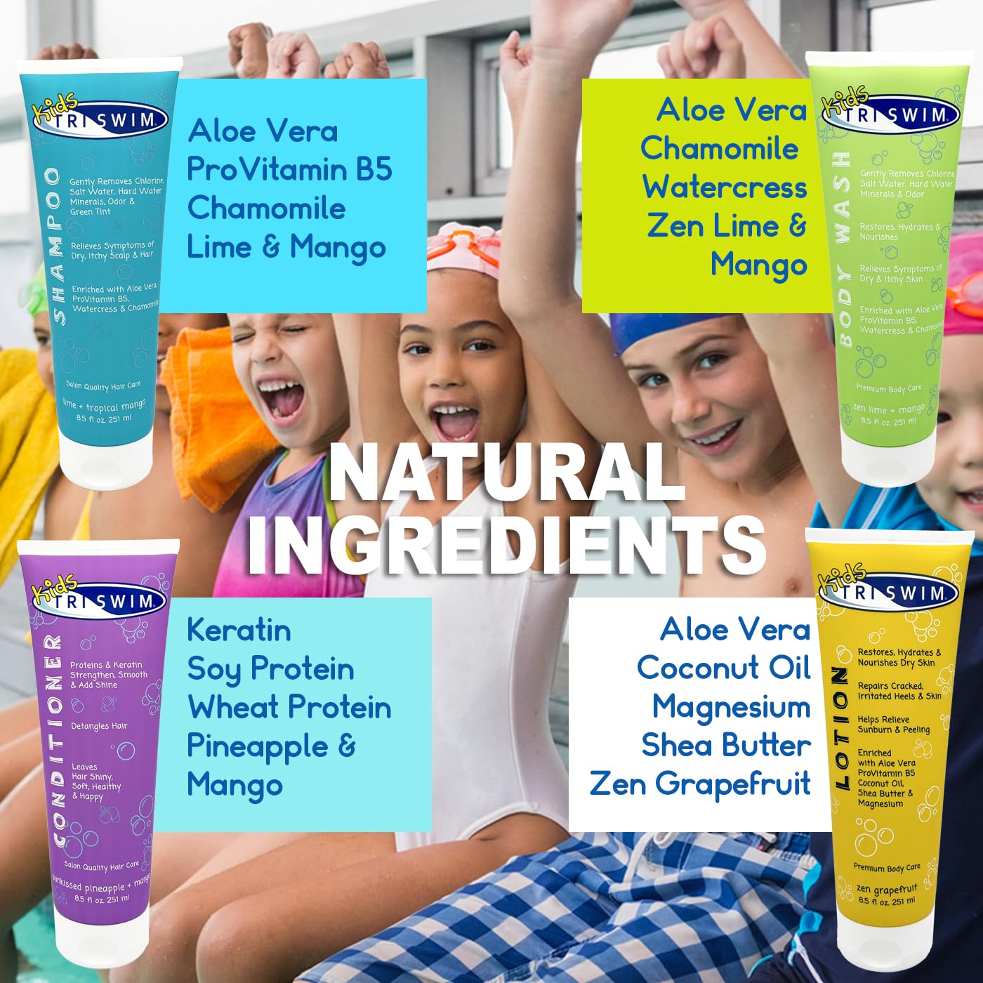 TRISWIM Kids After Swim Value Pack of 4 Travel Mesh Bag + Swim Care Chlorine Removal Body Wash + Swimming Lotion + Swim Shampoo and Conditioner 8.5 fl