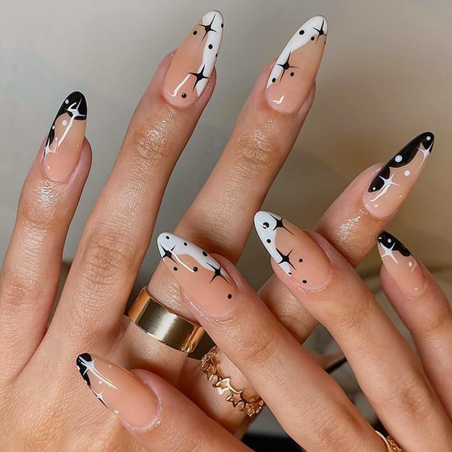 GLAMERMAID Black Press on Nails Medium Almond, Emo Crush Jelly Gel Gothic Stiletto False Glue on Nails Kit with Moon Star Desgin for Women, Reusable